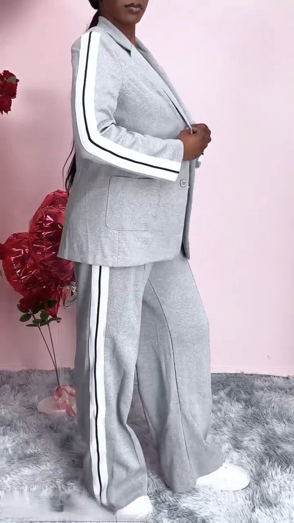 Women Laple Collar Vertical Stripe Jacket+ Pants Temperament Commuting Suit