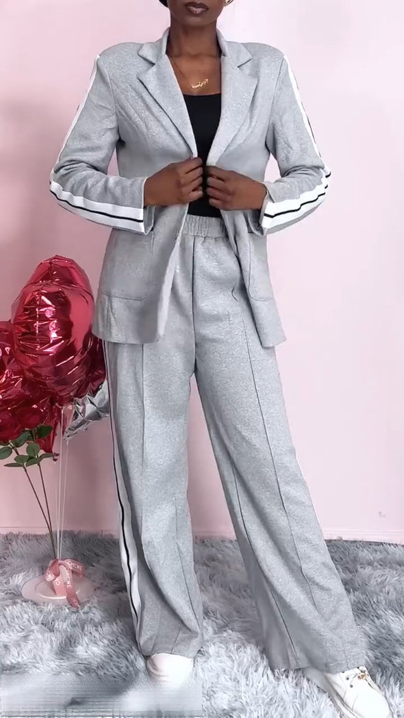 Women Laple Collar Vertical Stripe Jacket+ Pants Temperament Commuting Suit