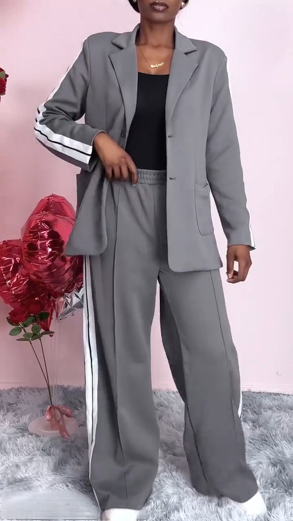 Women Laple Collar Vertical Stripe Jacket+ Pants Temperament Commuting Suit