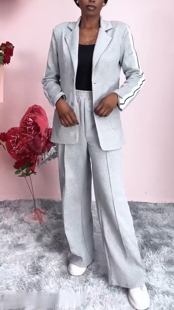 Women Laple Collar Vertical Stripe Jacket+ Pants Temperament Commuting Suit