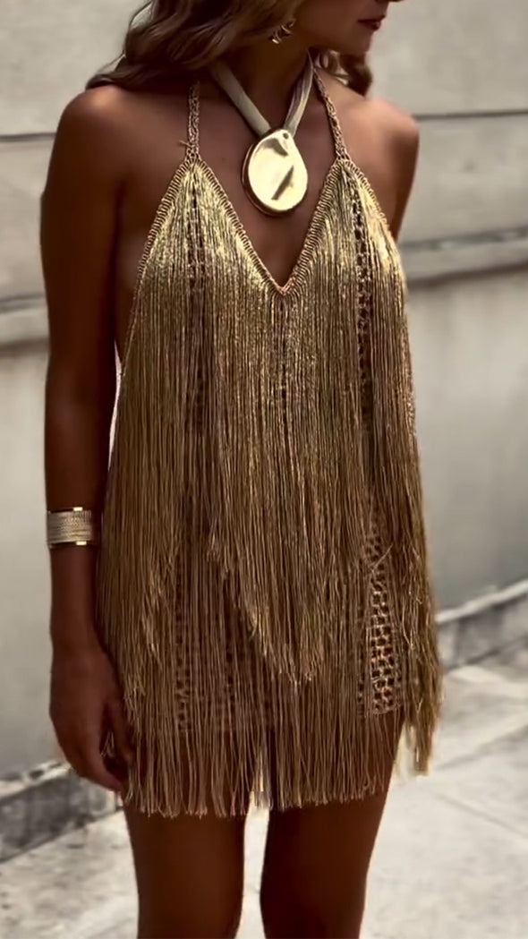 Women Neck Hanging Tassel Hollow Out Casual Vacation Style Dress