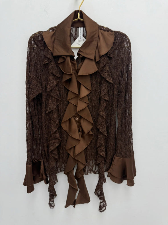 Women Laple Collar Patchwork Printed Hollow Casual Top