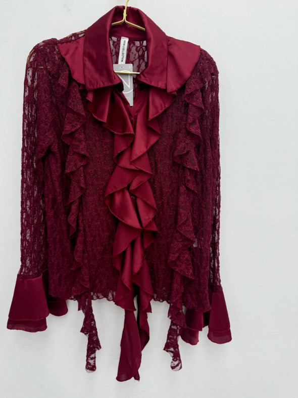 Women Laple Collar Patchwork Printed Hollow Casual Top