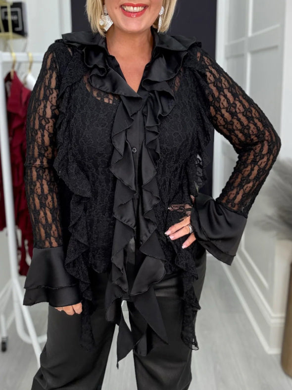 Women Laple Collar Patchwork Printed Hollow Casual Top