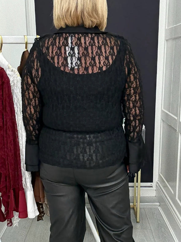 Women Laple Collar Patchwork Printed Hollow Casual Top