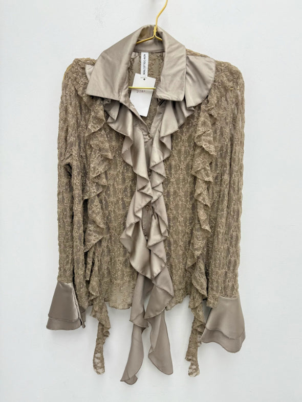 Women Laple Collar Patchwork Printed Hollow Casual Top