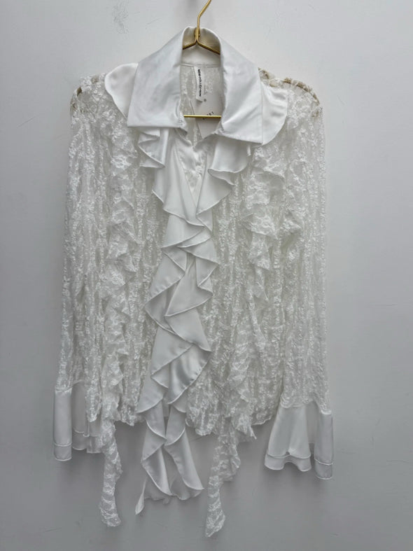 Women Laple Collar Patchwork Printed Hollow Casual Top