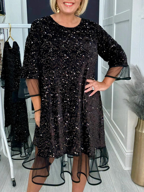 Women Round Neck Sequined Patchwork Casual Dress