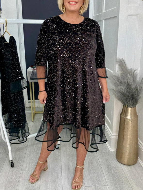 Women Round Neck Sequined Patchwork Casual Dress