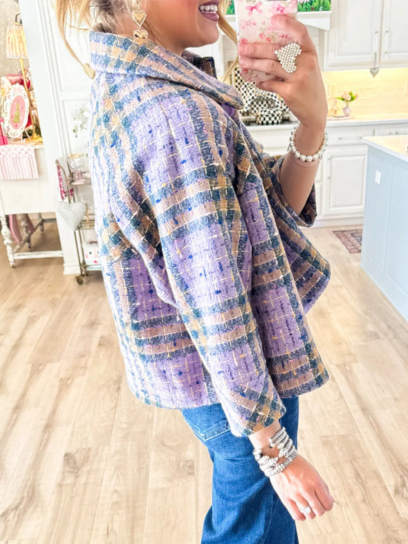 Womens Laple Collar Plaid Casual Jacket