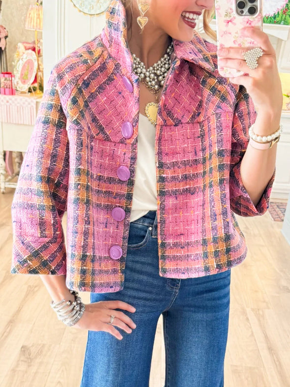 Womens Laple Collar Plaid Casual Jacket