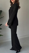 Women Laple Collar Metal Buckle Jacket+ Pants Temperament Commuting Suit