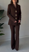 Women Laple Collar Metal Buckle Jacket+ Pants Temperament Commuting Suit