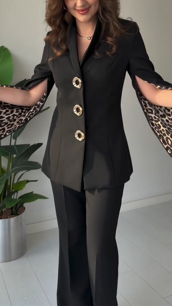 Women Laple Collar Metal Buckle Jacket+ Pants Temperament Commuting Suit