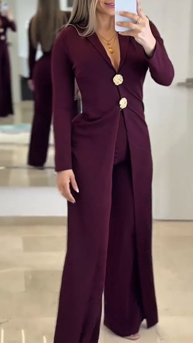 Women Laple Collar Long Top+ Pants Temperament Leisure Suit