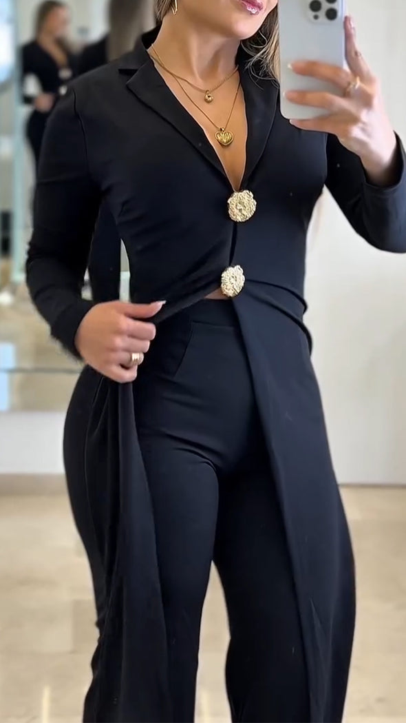 Women Laple Collar Long Top+ Pants Temperament Leisure Suit