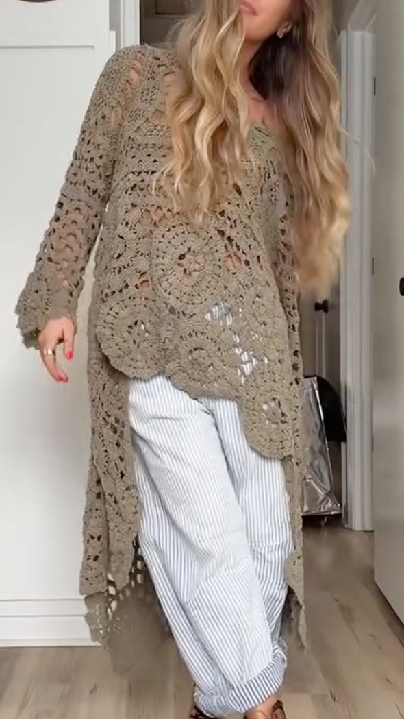 Women Round Neck Printed Hollow Out Casual Long Top