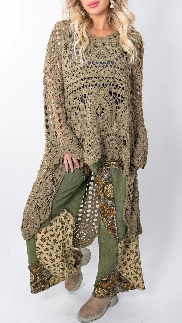 Women Round Neck Printed Hollow Out Casual Long Top