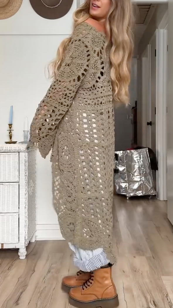 Women Round Neck Printed Hollow Out Casual Long Top