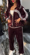 Women Hooded Fur Collar Striped Jacket+ Pants Casual Suit