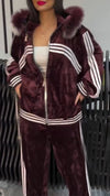 Women Hooded Fur Collar Striped Jacket+ Pants Casual Suit