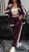 Women Hooded Fur Collar Striped Jacket+ Pants Casual Suit