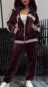 Women Hooded Fur Collar Striped Jacket+ Pants Casual Suit