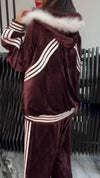 Women Hooded Fur Collar Striped Jacket+ Pants Casual Suit