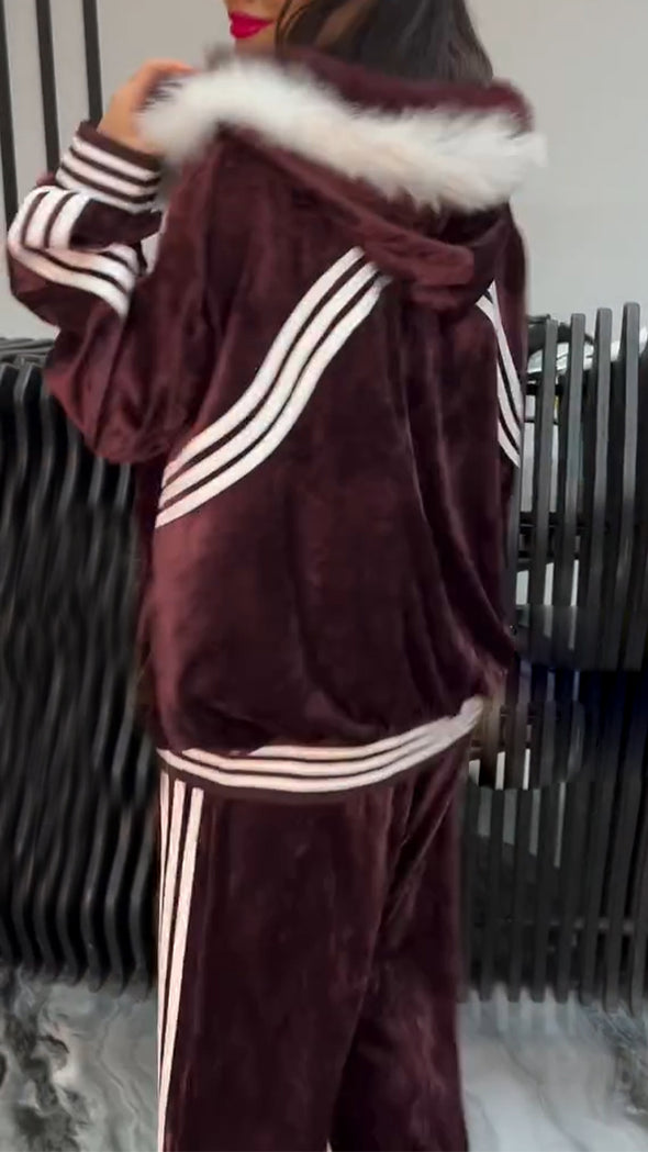 Women Hooded Fur Collar Striped Jacket+ Pants Casual Suit