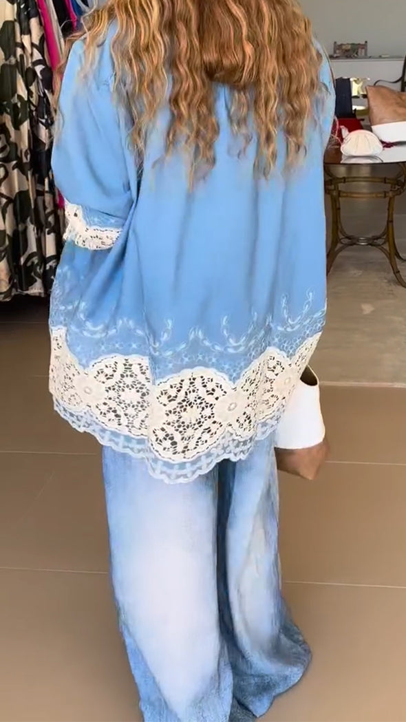 Women Round Neck Patchwork Printed Hollow Top+ Pants Casual Set