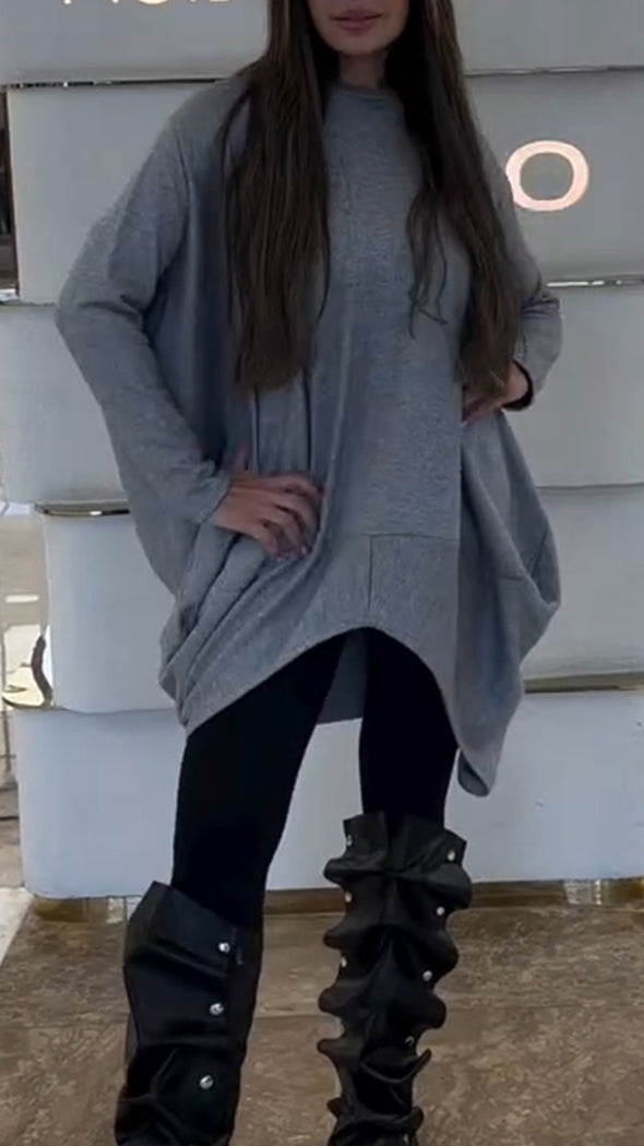 Women Round Neck Patchwork Irregular Long Top