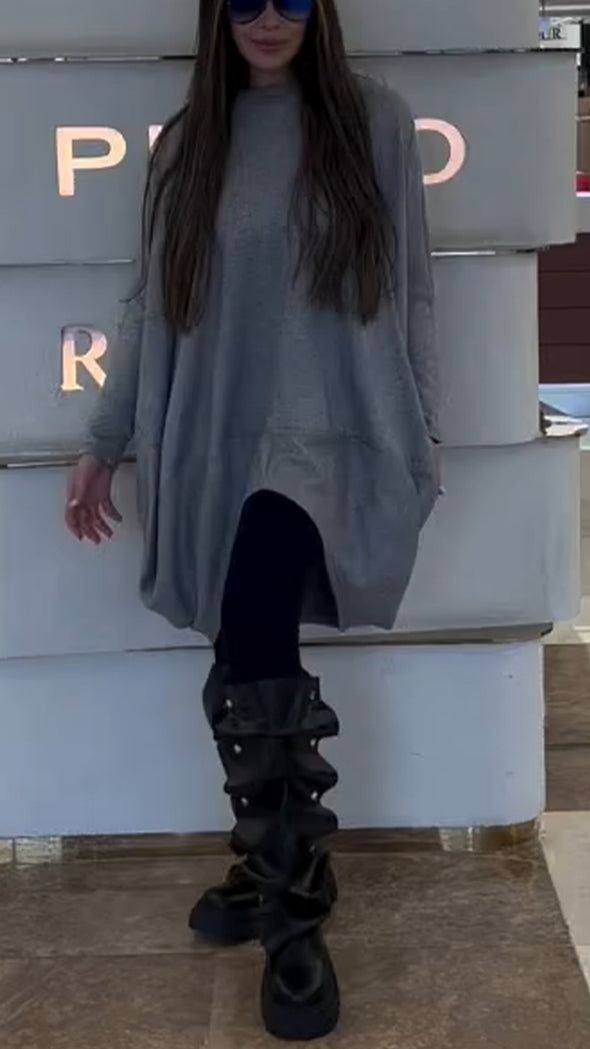 Women Round Neck Patchwork Irregular Long Top