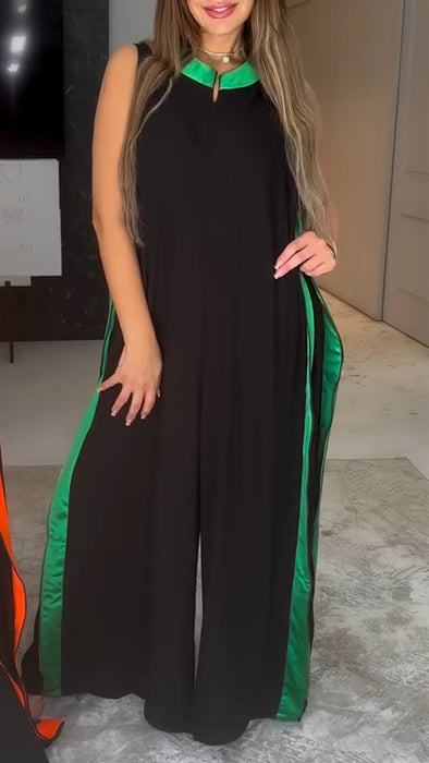 Women Round Neck Contrasting Color Casual Jumpsuit