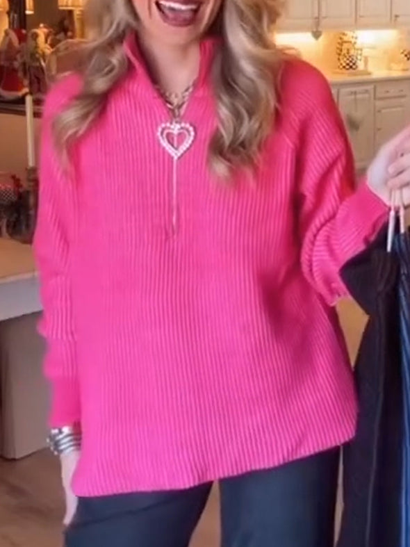 Women Stand Collar Half Zipper Casual Knitted Top