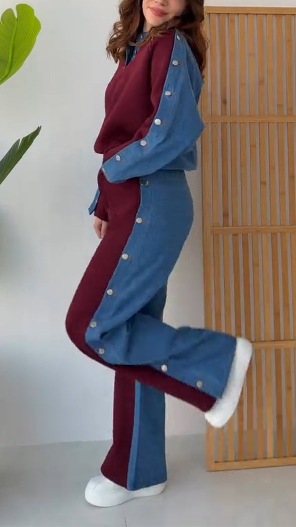 Women Round Neck Spliced Denim Casual Suit