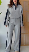 Women Round Neck Spliced Denim Casual Suit