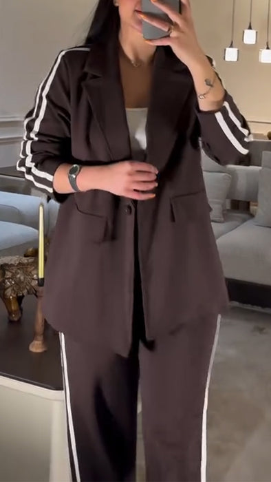 Women Laple Collar Vertical Stripe Jacket+ Pants Temperament Commuting Suit