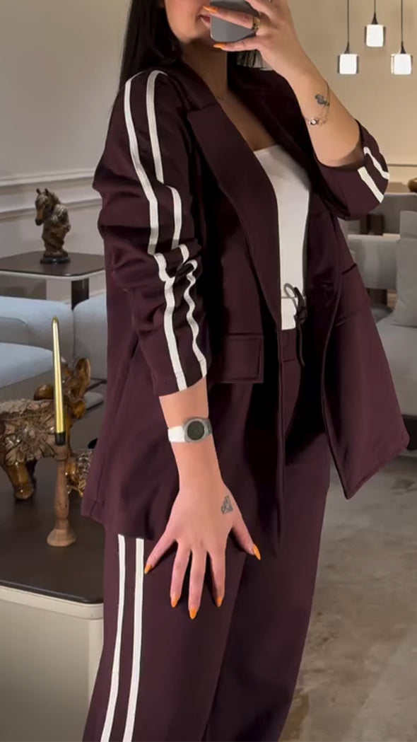 Women Laple Collar Vertical Stripe Jacket+ Pants Temperament Commuting Suit