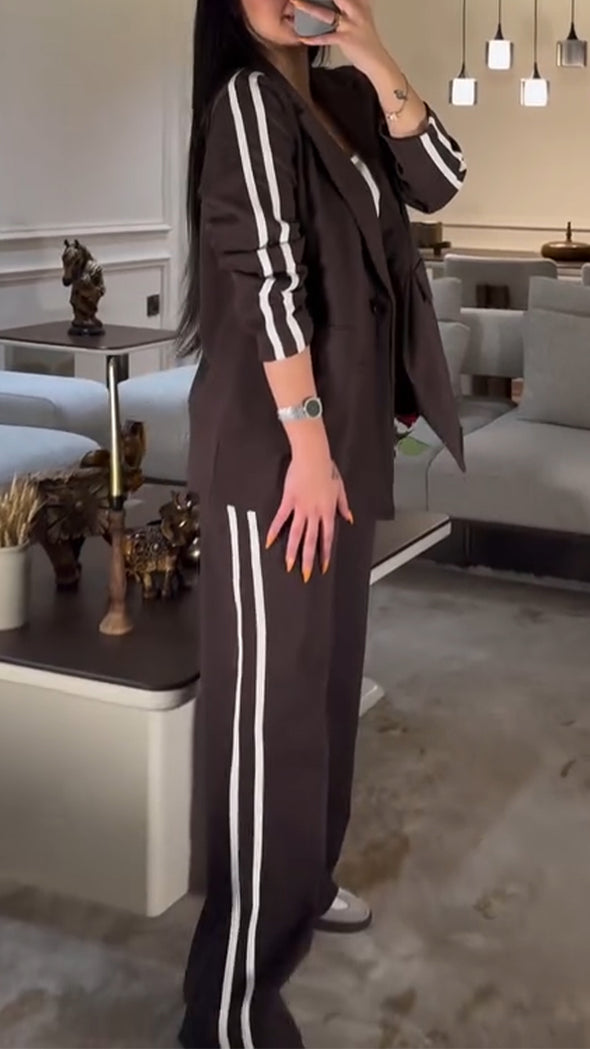 Women Laple Collar Vertical Stripe Jacket+ Pants Temperament Commuting Suit