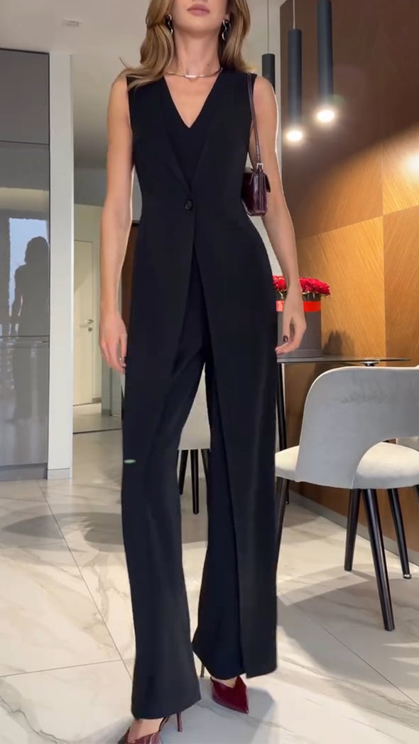 Womens V-neck Patchwork Casual Jumpsuit with Temperament