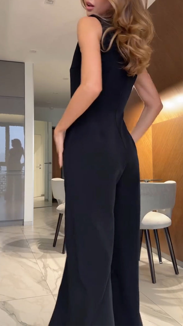 Womens V-neck Patchwork Casual Jumpsuit with Temperament