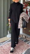 Women High Neck Knitted Top and Pants Solid Color Casual Suit