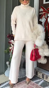 Women High Neck Knitted Top and Pants Solid Color Casual Suit
