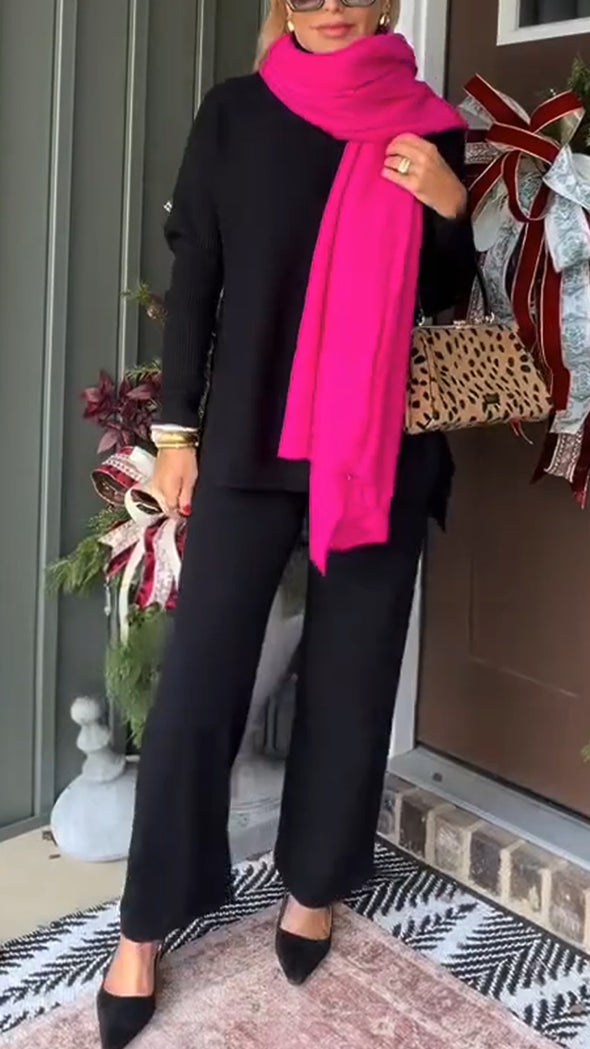 Women High Neck Knitted Top and Pants Solid Color Casual Suit