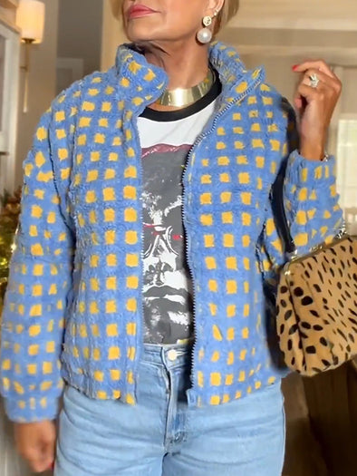 Women Round Neck Plaid Casual Plush Coat