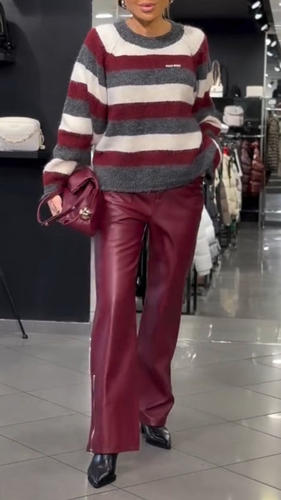 Women Round Neck Striped Sweater+ Pants Casual Set