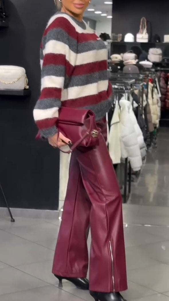 Women Round Neck Striped Sweater+ Pants Casual Set