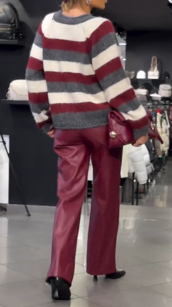 Women Round Neck Striped Sweater+ Pants Casual Set