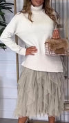 Women High Neck Knitted Sweater+ Spliced Mesh Half Skirt Casual Set