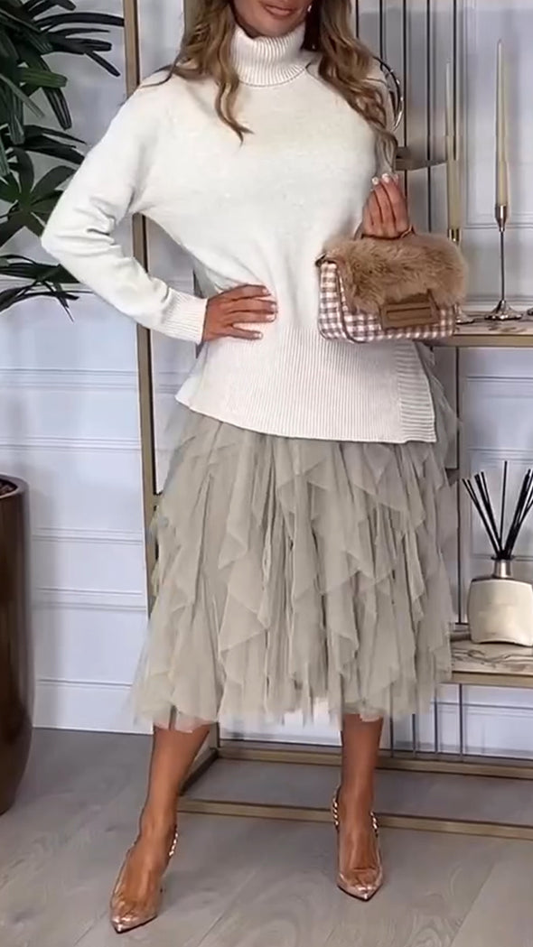 Women High Neck Knitted Sweater+ Spliced Mesh Half Skirt Casual Set